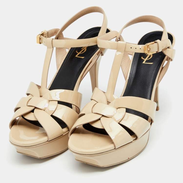 مملوكة مسبقًا Saint Laurent Beige Patent Leather Tribute Platform Sandals Size 40