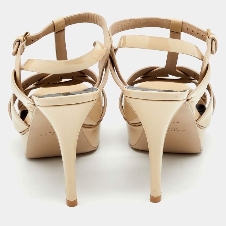 مملوكة مسبقًا Saint Laurent Beige Patent Leather Tribute Platform Sandals Size 40