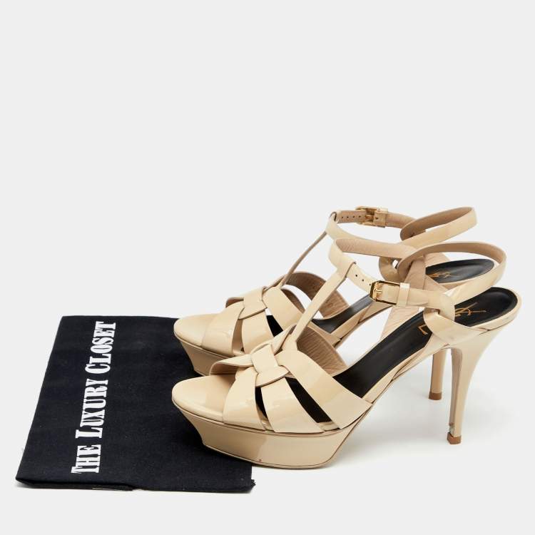 مملوكة مسبقًا Saint Laurent Beige Patent Leather Tribute Platform Sandals Size 40
