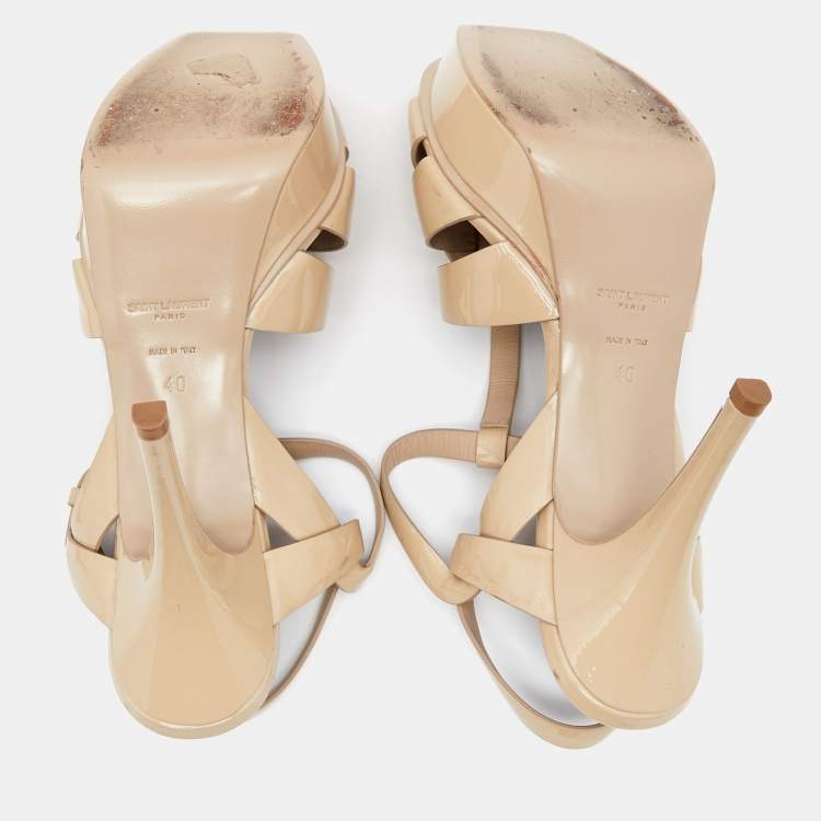مملوكة مسبقًا Saint Laurent Beige Patent Leather Tribute Platform Sandals Size 40