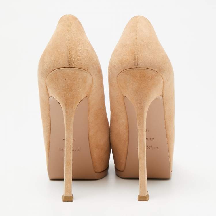 Pre Owned Saint Laurent Beige Suede and Patent Leather Tribtoo Platform Pumps Size 40