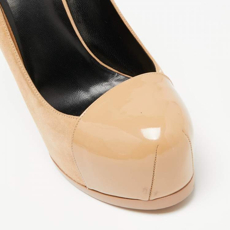 Pre Owned Saint Laurent Beige Suede and Patent Leather Tribtoo Platform Pumps Size 40
