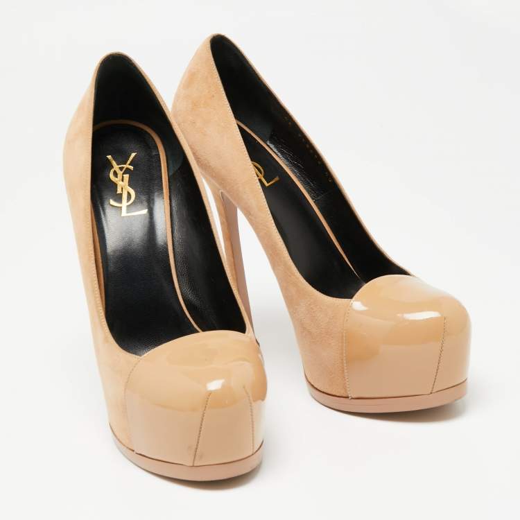 Pre Owned Saint Laurent Beige Suede and Patent Leather Tribtoo Platform Pumps Size 40