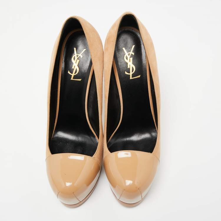Pre Owned Saint Laurent Beige Suede and Patent Leather Tribtoo Platform Pumps Size 40