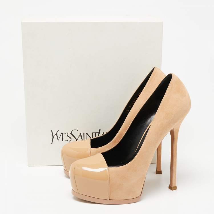 Pre Owned Saint Laurent Beige Suede and Patent Leather Tribtoo Platform Pumps Size 40