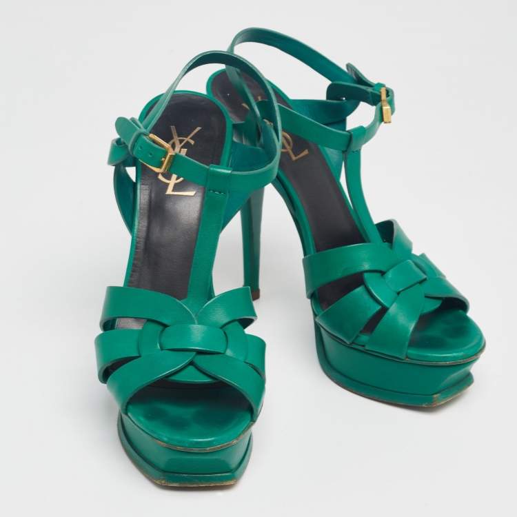 Pre Owned Saint Laurent Green Leather Tribute Platform Sandals Size 37.5