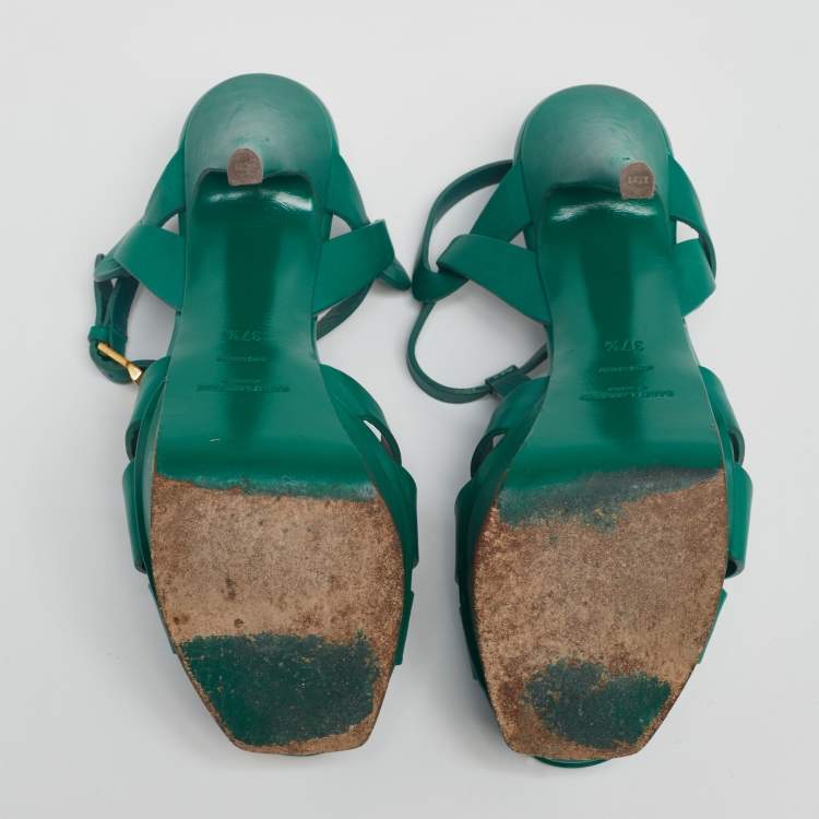 Pre Owned Saint Laurent Green Leather Tribute Platform Sandals Size 37.5