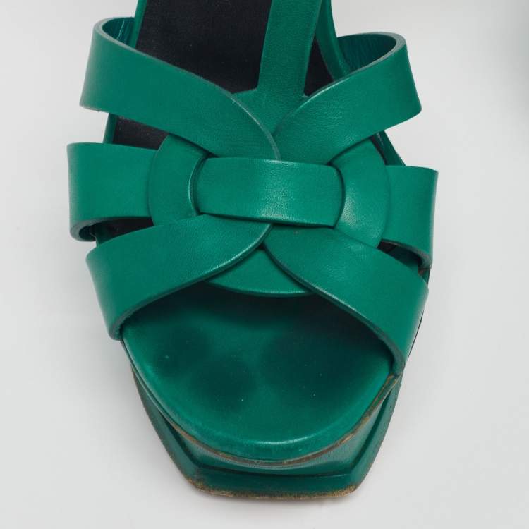 Pre Owned Saint Laurent Green Leather Tribute Platform Sandals Size 37.5