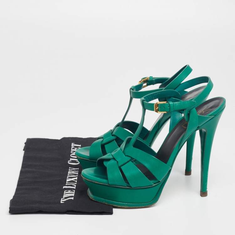 Pre Owned Saint Laurent Green Leather Tribute Platform Sandals Size 37.5