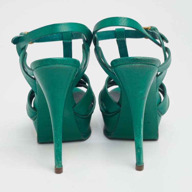 Pre Owned Saint Laurent Green Leather Tribute Platform Sandals Size 37.5