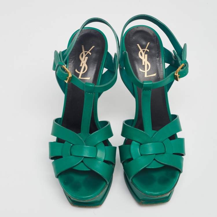 Pre Owned Saint Laurent Green Leather Tribute Platform Sandals Size 37.5