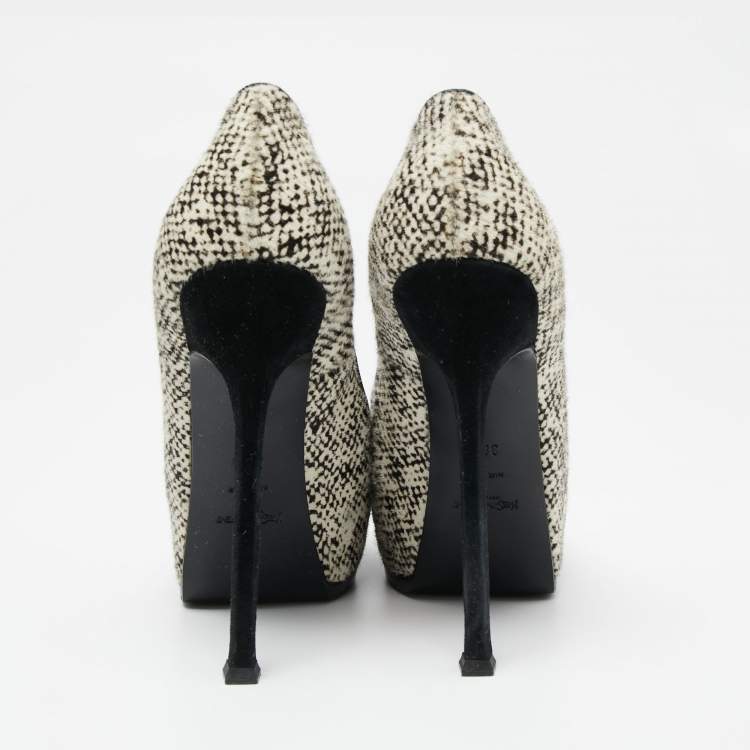 Pre Owned Saint Laurent  Cream/Black Calf Hair Tribtoo Platform Pumps Size 38.5