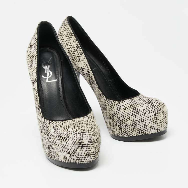 Pre Owned Saint Laurent  Cream/Black Calf Hair Tribtoo Platform Pumps Size 38.5