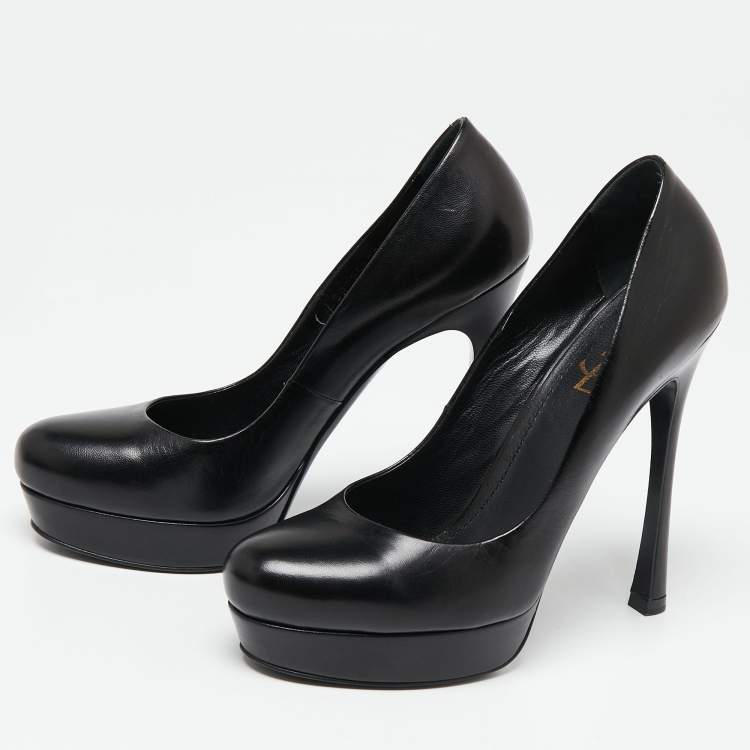 مملوكة مسبقًا Saint Laurent  Black Leather Tribtoo Platform Pumps Size 38.5