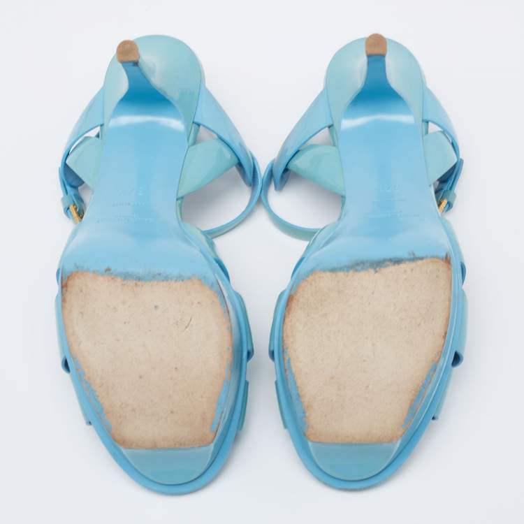 Pre Owned Saint Laurent Blue Patent Leather Tribute Platform Sandals Size 37.5