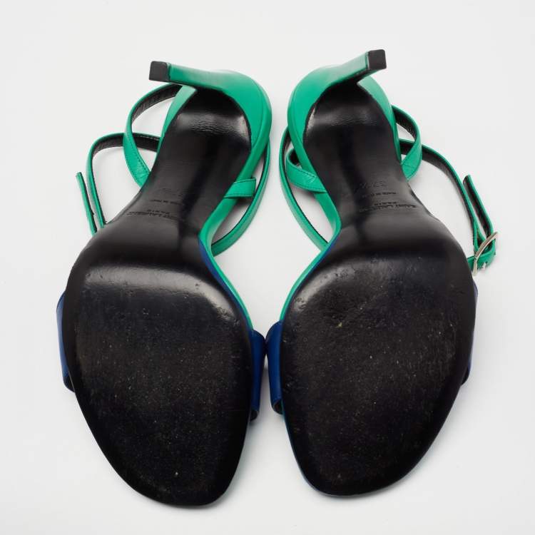 Pre Owned Saint Laurent Green/Blue Leather Jane Ankle Strap Sandals Size 37.5