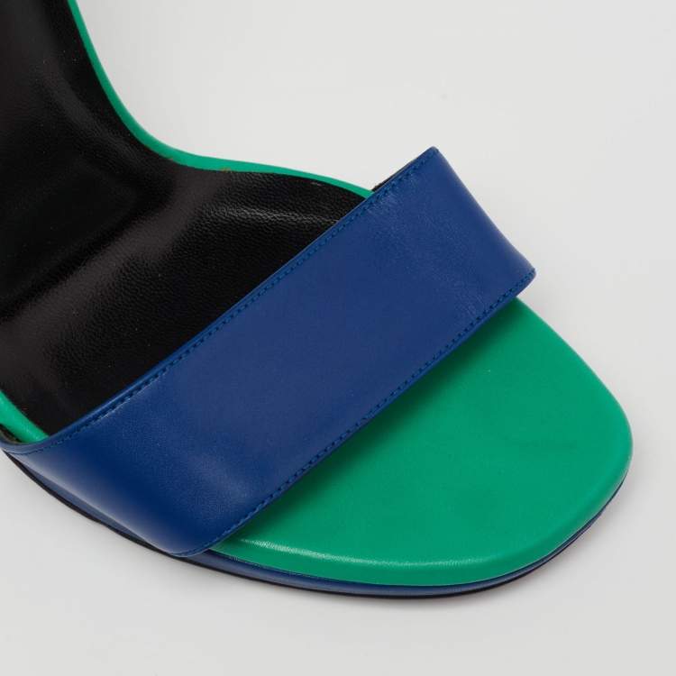 Pre Owned Saint Laurent Green/Blue Leather Jane Ankle Strap Sandals Size 37.5