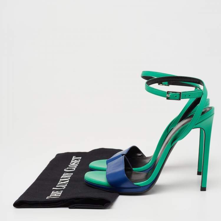 Pre Owned Saint Laurent Green/Blue Leather Jane Ankle Strap Sandals Size 37.5