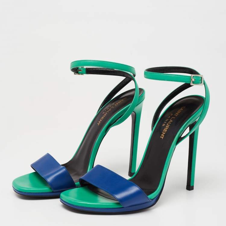Pre Owned Saint Laurent Green/Blue Leather Jane Ankle Strap Sandals Size 37.5