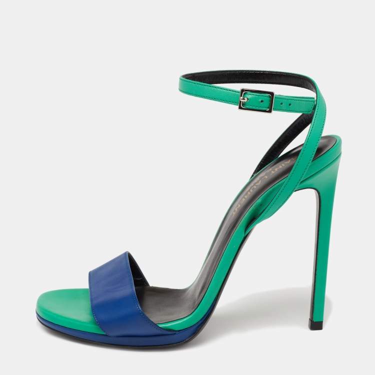 Pre Owned Saint Laurent Green/Blue Leather Jane Ankle Strap Sandals Size 37.5