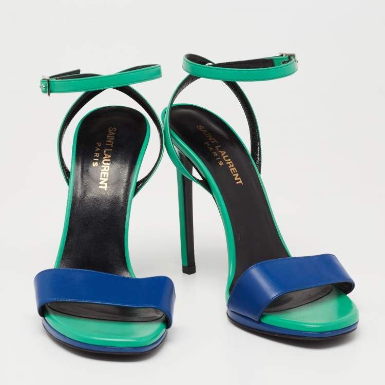 Pre Owned Saint Laurent Green/Blue Leather Jane Ankle Strap Sandals Size 37.5