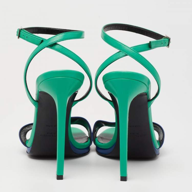 Pre Owned Saint Laurent Green/Blue Leather Jane Ankle Strap Sandals Size 37.5