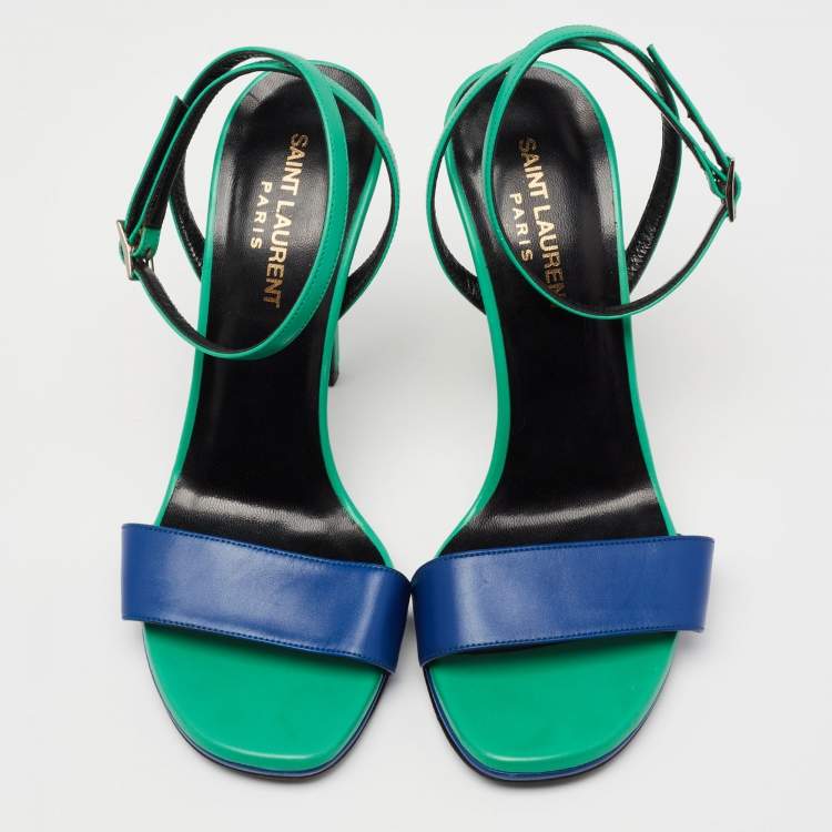 Pre Owned Saint Laurent Green/Blue Leather Jane Ankle Strap Sandals Size 37.5