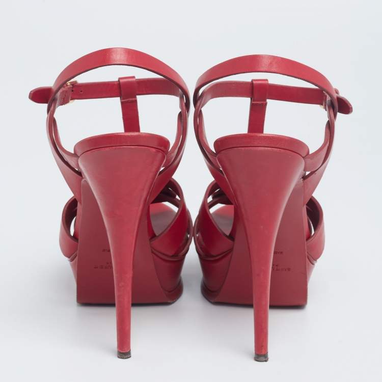 Pre Owned Saint Laurent Red Leather Tribute Platform Sandals Size 40