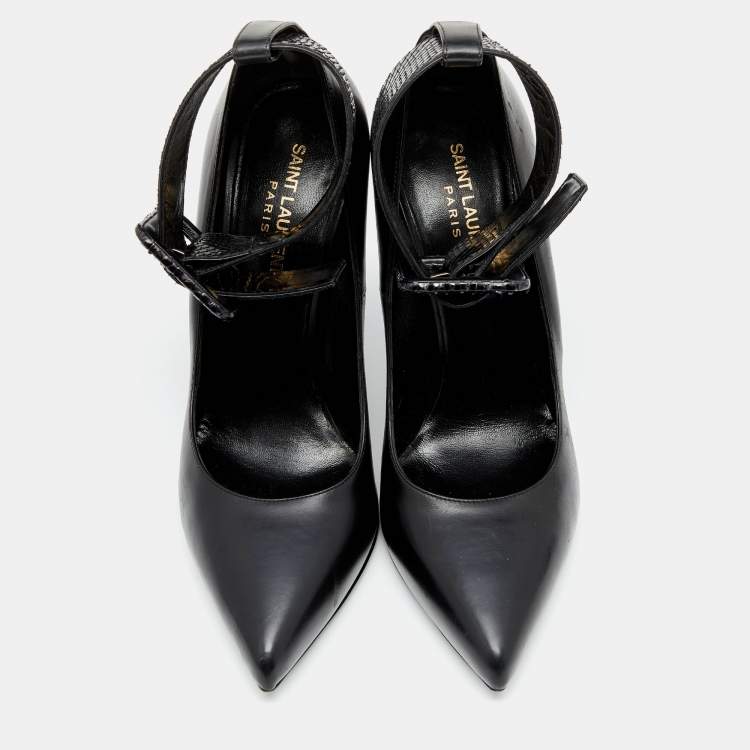 مملوكة مسبقًا Saint Laurent Black Python And Leather Ankle Cuff Pointed Toe Pumps Size 39.5
