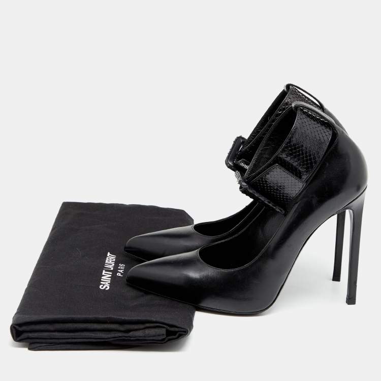 مملوكة مسبقًا Saint Laurent Black Python And Leather Ankle Cuff Pointed Toe Pumps Size 39.5