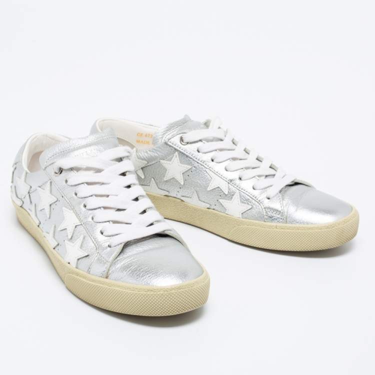 Pre Owned Saint Laurent White/Silver Leather Star Alpha Low-Top Sneakers Size 38 