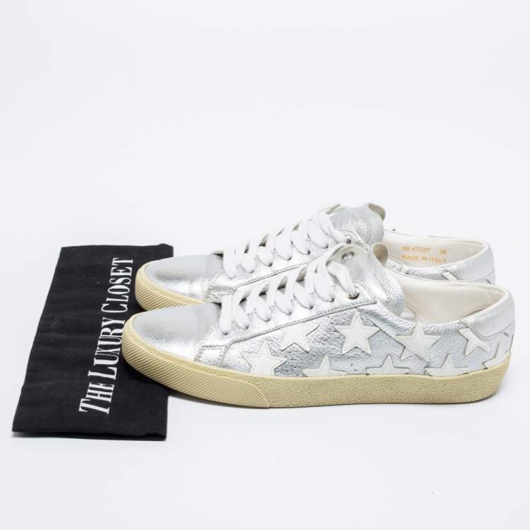 Pre Owned Saint Laurent White/Silver Leather Star Alpha Low-Top Sneakers Size 38 