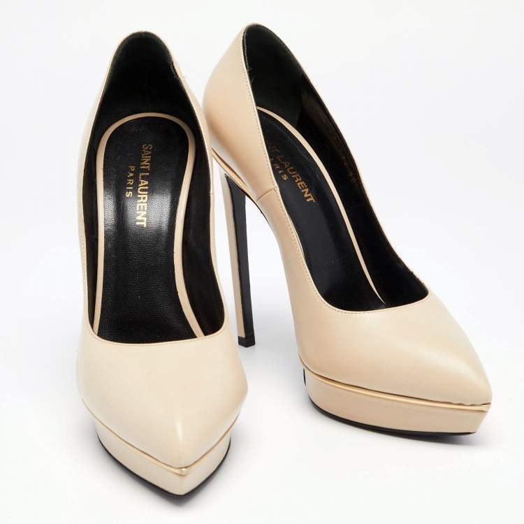 Pre Owned Saint Laurent Cream Leather Janis Pointed Toe Pumps Size 38.5