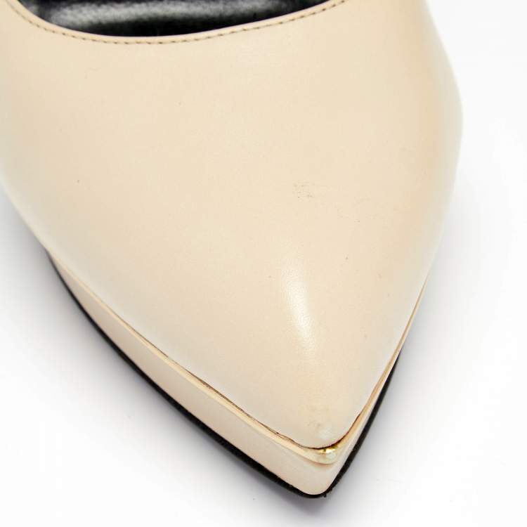Pre Owned Saint Laurent Cream Leather Janis Pointed Toe Pumps Size 38.5
