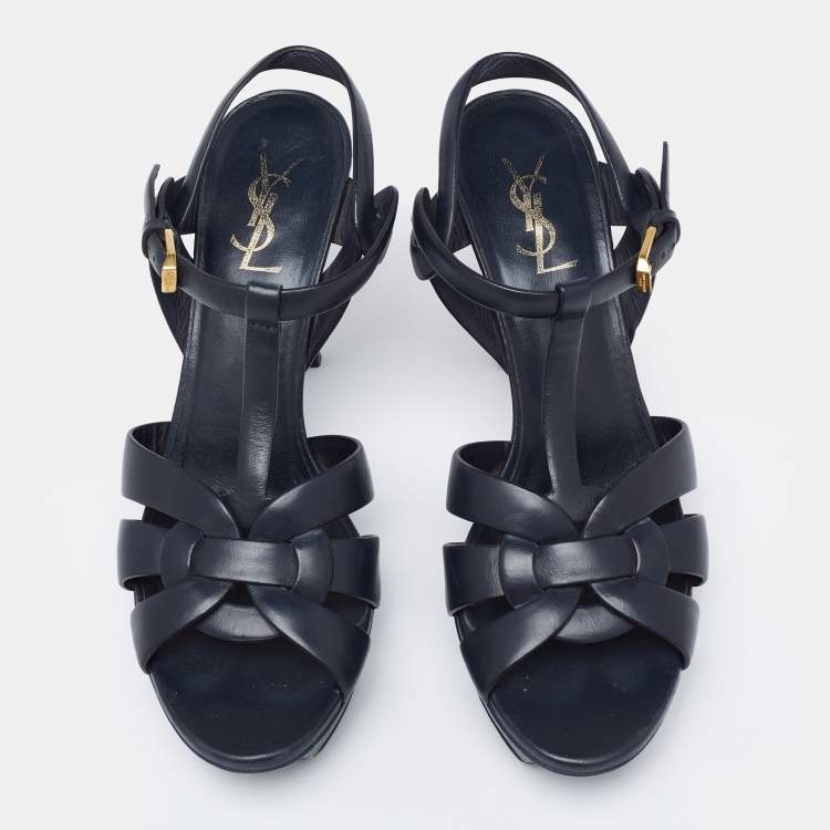 Pre Owned Saint Laurent Navy Blue Leather Tribute Platform Sandals Size 40