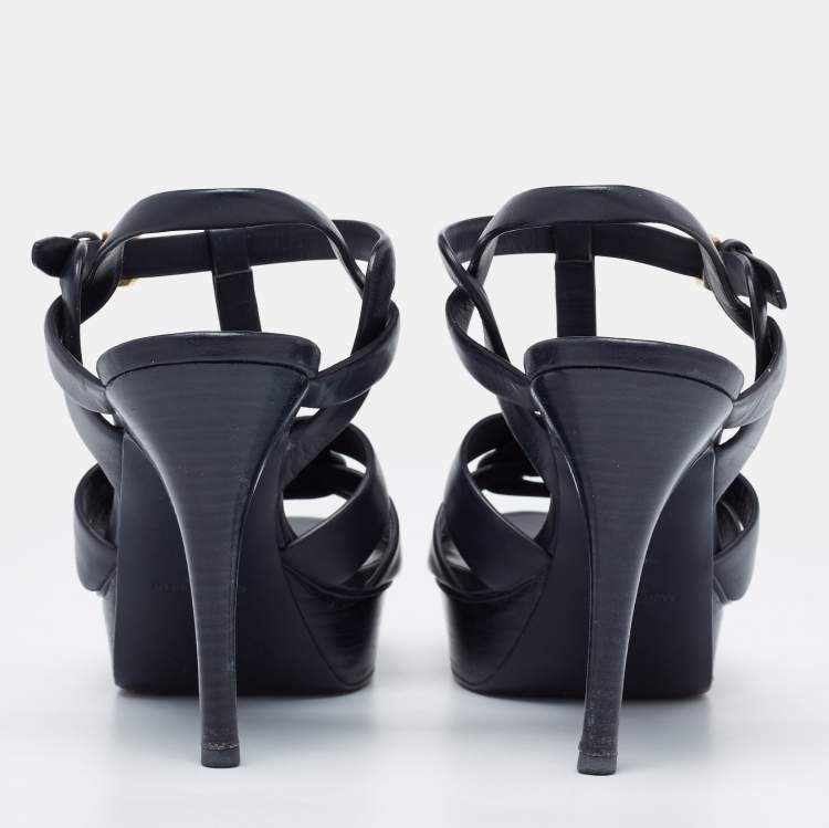 Pre Owned Saint Laurent Navy Blue Leather Tribute Platform Sandals Size 40
