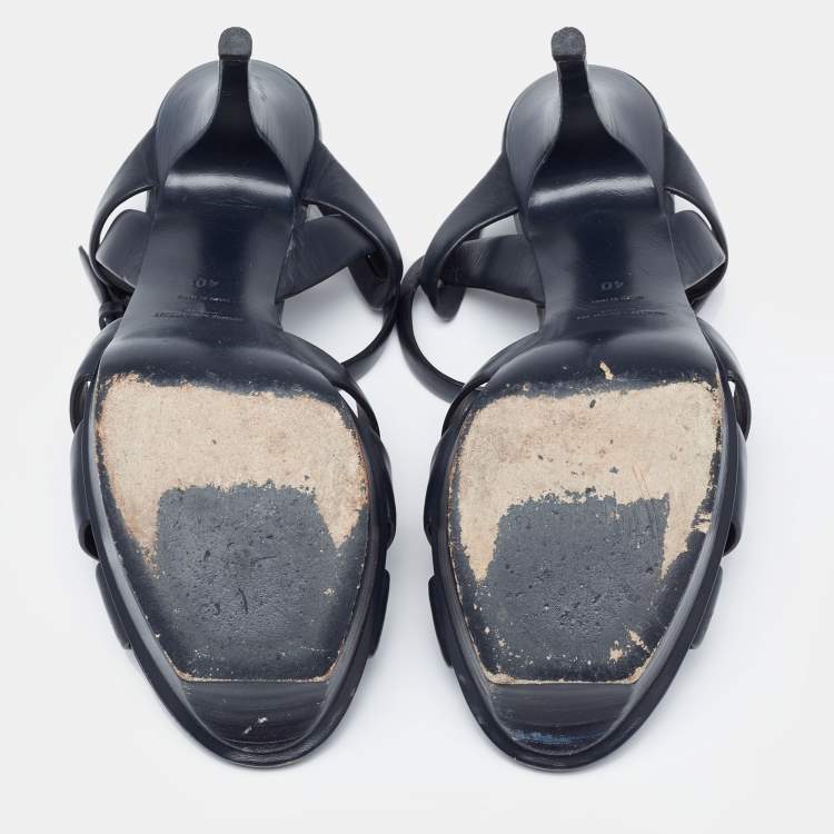 Pre Owned Saint Laurent Navy Blue Leather Tribute Platform Sandals Size 40
