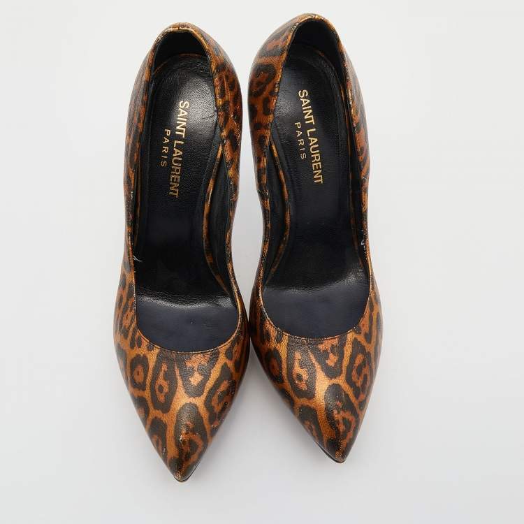 Pre Owned Saint Laurent Metallic Leopard Print Leather Janis Pointed Toe Platform Pumps Size 38
