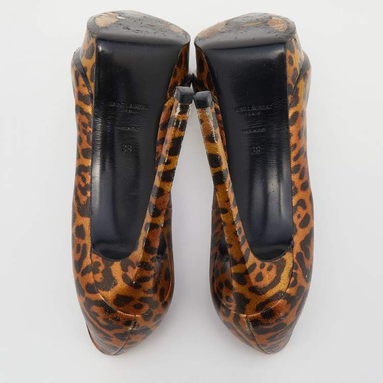 Pre Owned Saint Laurent Metallic Leopard Print Leather Janis Pointed Toe Platform Pumps Size 38
