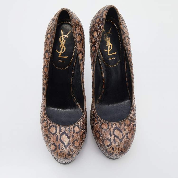 Pre Owned Saint Laurent Beige Python Tribtoo Platform Pumps Size 38