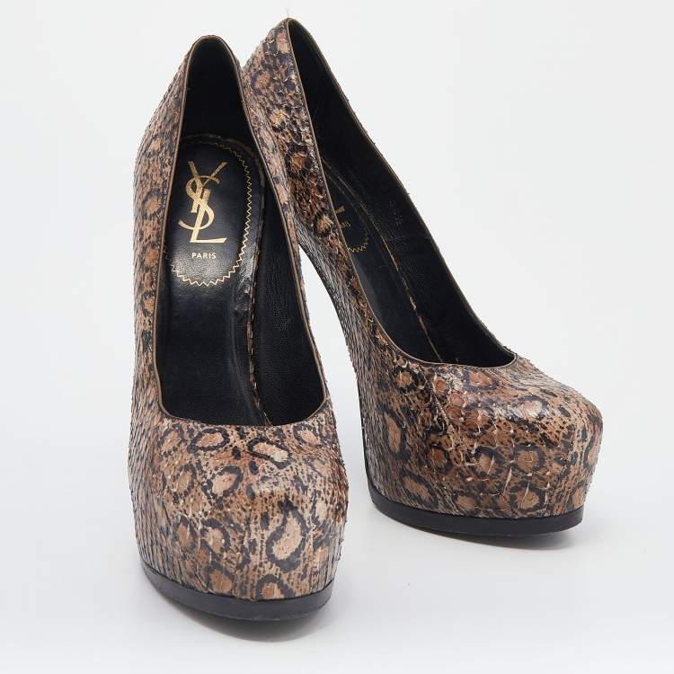 Pre Owned Saint Laurent Beige Python Tribtoo Platform Pumps Size 38