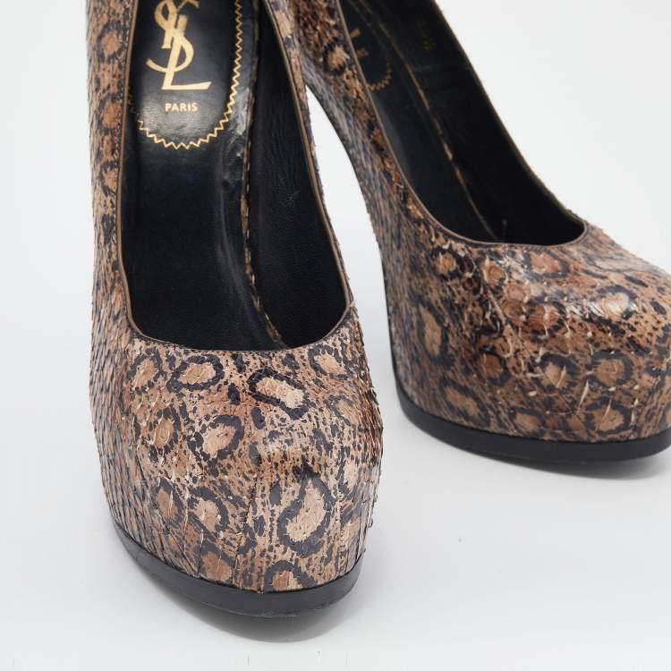 Pre Owned Saint Laurent Beige Python Tribtoo Platform Pumps Size 38