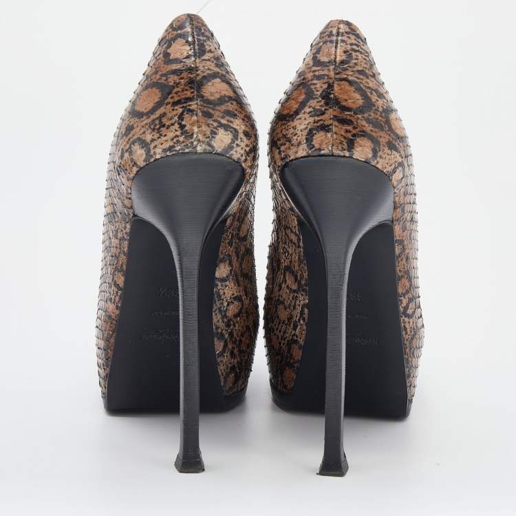 Pre Owned Saint Laurent Beige Python Tribtoo Platform Pumps Size 38