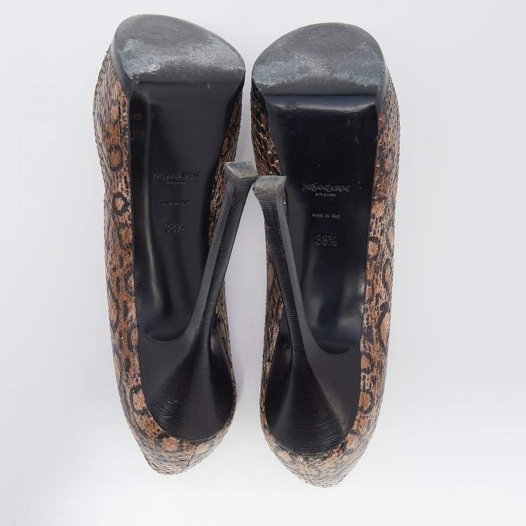 Pre Owned Saint Laurent Beige Python Tribtoo Platform Pumps Size 38
