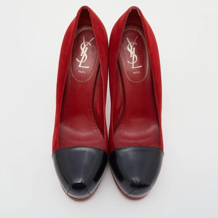 Pre Owned Saint Laurent Red/Black Suede and Leather Tribtoo Platform Pumps Size 38