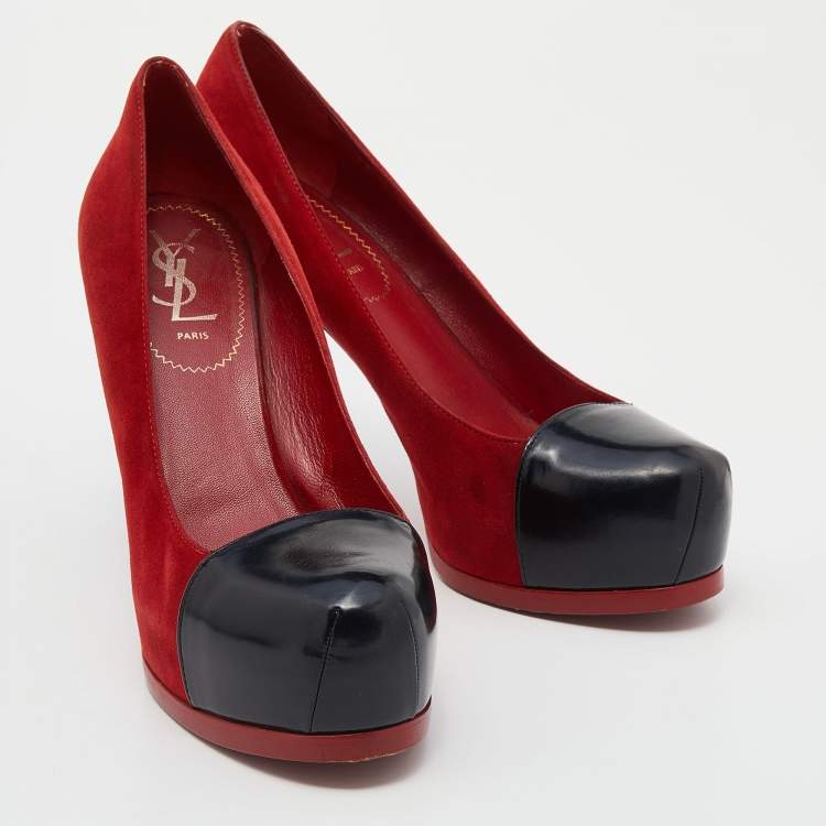 Pre Owned Saint Laurent Red/Black Suede and Leather Tribtoo Platform Pumps Size 38
