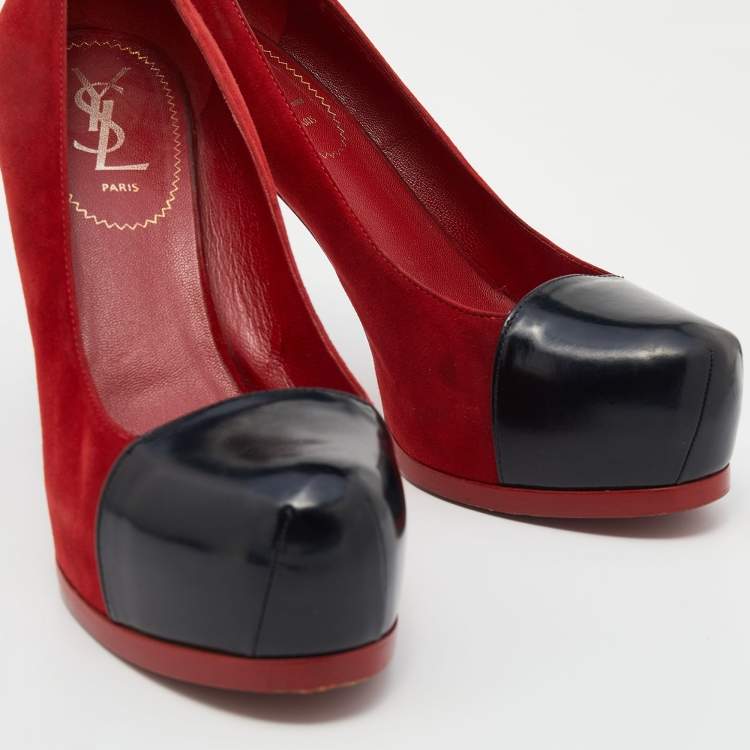 Pre Owned Saint Laurent Red/Black Suede and Leather Tribtoo Platform Pumps Size 38