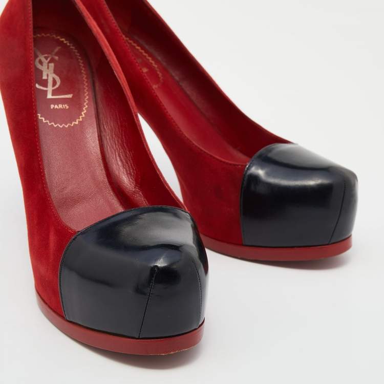 Pre Owned Saint Laurent Red/Black Suede and Leather Tribtoo Platform Pumps Size 38