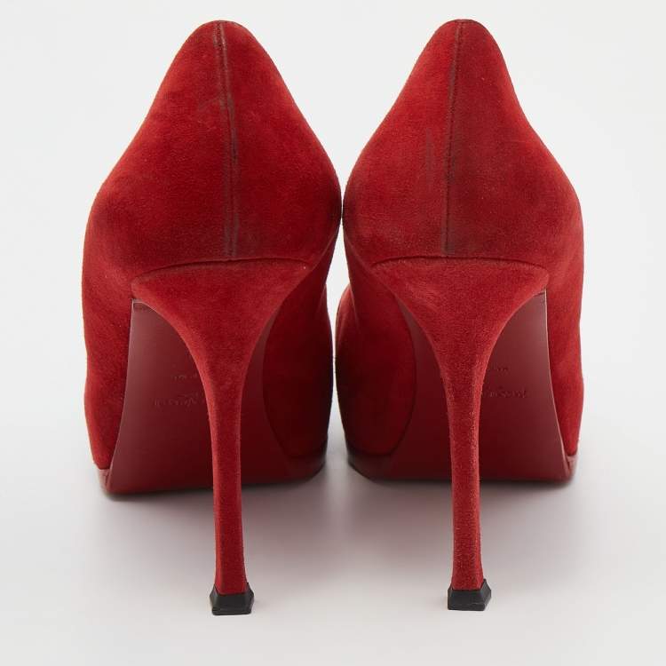 Pre Owned Saint Laurent Red/Black Suede and Leather Tribtoo Platform Pumps Size 38