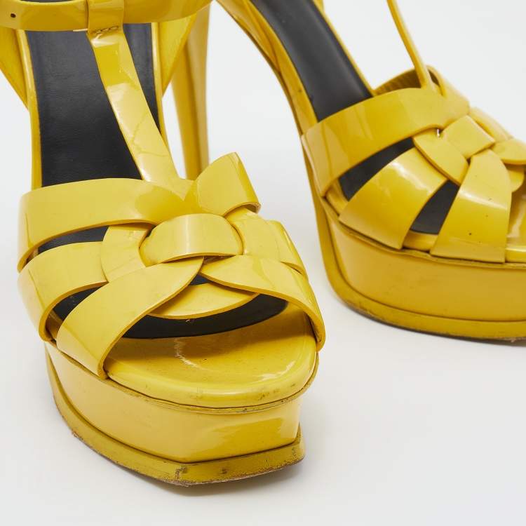مملوكة مسبقًا Saint Laurent Yellow Patent Leather Tribute Platform Ankle Strap Platform Sandals Size 38